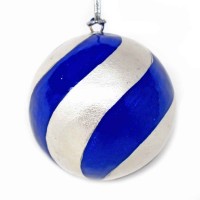 Small 2" Papier-mâché Bauble - Silver and Blue Stripes
