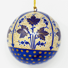 Small 2" Papier-mâché Bauble - Chinar 3 Leaf on White - Blue