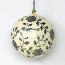 Small 2" Papier-mâché Bauble - Silver Birds on White