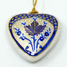 Small Papier-mâché Heart - Chinar 3 Leaf - Blue on White
