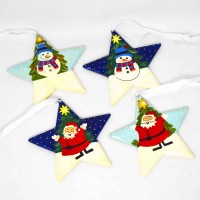 Large Painted Star - Santa and Snowman with Tree