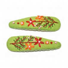 Hand Embroidered Floral Hair Clips - Flowers on Green