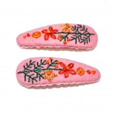 Hand Embroidered Floral Hair Clips - Flowers on Pink