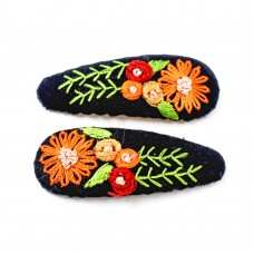 Hand Embroidered Floral Hair Clips - Round Flowers on Black